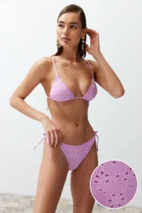 TRENDYOLMİLLA Pink textured Triangle tied up Regular Waist Regular Bikini Set
