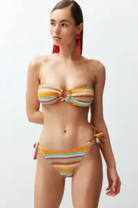 TRENDYOLMİLLA Geometric Patterned with accessories Strapless Covered Regular Regular Waist Bikini Set - Image 3