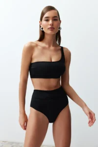TRENDYOLMİLLA Black One Shoulder Covered hipster High Waist Regular Basic Bikini Set