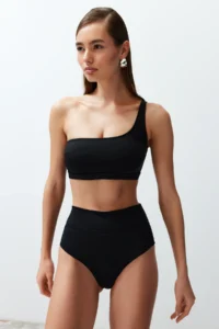 TRENDYOLMİLLA Black One Shoulder Covered hipster High Waist Regular Basic Bikini Set - Image 3