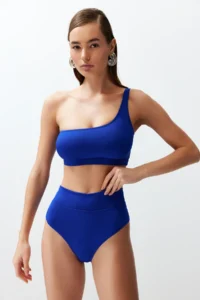 TRENDYOLMİLLA Saks Blue One Shoulder Covered hipster High Waist Regular Basic Bikini Set