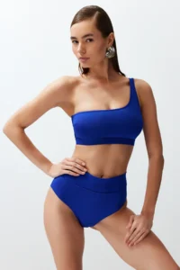 TRENDYOLMİLLA Saks Blue One Shoulder Covered hipster High Waist Regular Basic Bikini Set - Image 2