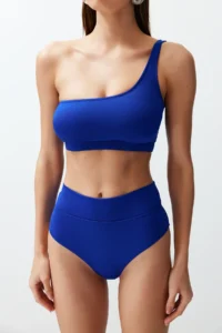 TRENDYOLMİLLA Saks Blue One Shoulder Covered hipster High Waist Regular Basic Bikini Set - Image 3