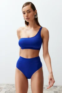TRENDYOLMİLLA Saks Blue One Shoulder Covered hipster High Waist Regular Basic Bikini Set - Image 4