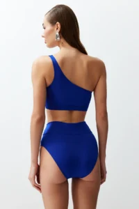 TRENDYOLMİLLA Saks Blue One Shoulder Covered hipster High Waist Regular Basic Bikini Set - Image 5