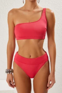 TRENDYOLMİLLA Fuchsia One Shoulder Covered hipster High Waist Bikini Set - Image 3