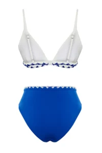 TRENDYOLMİLLA Saks Blue-White Color Bloklu Triangle Embroidered High Waist Regular Bikini Set - Image 8