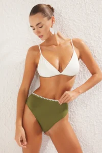 TRENDYOLMİLLA Khaki Embroidered Triangle Covered Regular High Waist Bikini Set