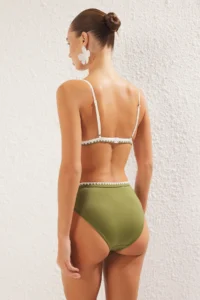 TRENDYOLMİLLA Khaki Embroidered Triangle Covered Regular High Waist Bikini Set - Image 4