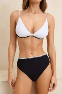 TRENDYOLMİLLA Black-White Embroidered Triangle Covered Regular High Waist Bikini Set - Image 3