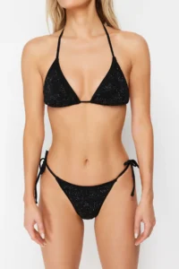 TRENDYOLMİLLA Black Stone Print Triangle Covered brazilian Regular Waist Bikini Set - Image 4