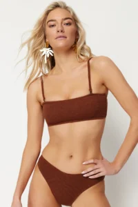 TRENDYOLMİLLA Brown Strapless Covered Bikini Top - Image 2
