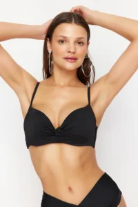 TRENDYOLMİLLA Black Gather Detailed balconette Covered Basic Bikini Top - Image 2