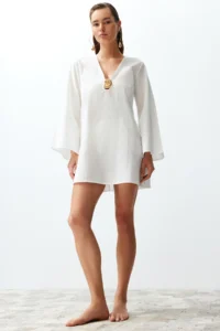 TRENDYOLMİLLA White Weaving Accessory Detailed Beach Mini Dress - Image 3