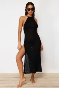 TRENDYOLMİLLA Black Fitted Maxi Knitwear Low-cut back Beach Dress - Image 5