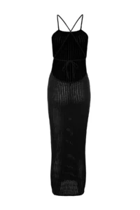 TRENDYOLMİLLA Black Fitted Maxi Knitwear Low-cut back Beach Dress - Image 9