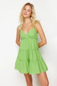 TRENDYOLMİLLA beachwear 100% Cotton Neon Green Weaving Frilly Mini Dress