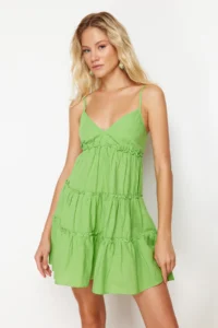 TRENDYOLMİLLA beachwear 100% Cotton Neon Green Weaving Frilly Mini Dress - Image 2