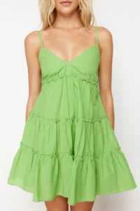 TRENDYOLMİLLA beachwear 100% Cotton Neon Green Weaving Frilly Mini Dress - Image 3