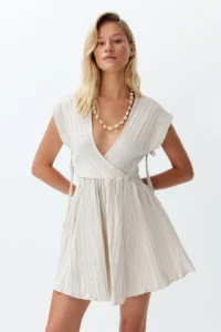 TRENDYOLMİLLA beachwear Ecru Weaving Cut Out Mini Dress - Image 6
