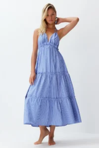 TRENDYOLMİLLA Striped Weaving Frilly Maxi Beach Dress