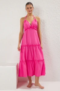 TRENDYOLMİLLA Pink Weaving Frilly Maxi Beach Dress - Image 2