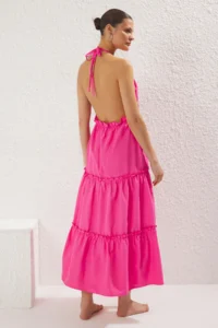 TRENDYOLMİLLA Pink Weaving Frilly Maxi Beach Dress - Image 4