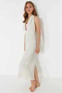 TRENDYOLMİLLA beachwear Ecru Weaving Low-cut back Maxi Dress - Image 3