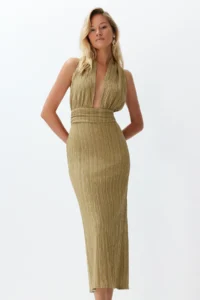 TRENDYOLMİLLA Khaki Weaving Low-cut back Maxi Beach Dress - Image 2