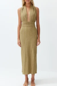 TRENDYOLMİLLA Khaki Weaving Low-cut back Maxi Beach Dress - Image 5
