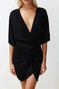 TRENDYOLMİLLA beachwear Black Knitting Shirred Mini Dress - Image 6