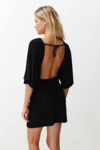 TRENDYOLMİLLA beachwear Black Knitting Shirred Mini Dress - Image 7