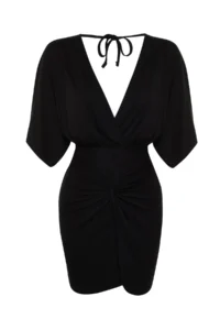 TRENDYOLMİLLA beachwear Black Knitting Shirred Mini Dress - Image 8