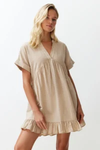 TRENDYOLMİLLA beachwear Beige Weaving Frilly Mini Dress - Image 2