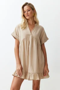 TRENDYOLMİLLA beachwear Beige Weaving Frilly Mini Dress - Image 3
