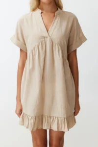 TRENDYOLMİLLA beachwear Beige Weaving Frilly Mini Dress - Image 5