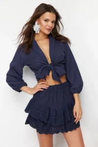 TRENDYOLMiLLA Navy Blue Weaving Embroidered Beach Mini Skirt - Image 3