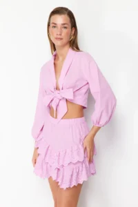 TRENDYOLMiLLA Pink Weaving Embroidered Beach Mini Skirt - Image 3