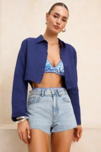 TRENDYOLMİLLA Dark Navy Weaving 100% Cotton Beach Crop Shirt - Image 2