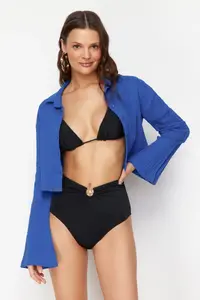 TRENDYOLMİLLA Saks Blue Weaving 100% Cotton Beach Crop Shirt - Image 2