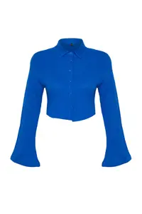 TRENDYOLMİLLA Saks Blue Weaving 100% Cotton Beach Crop Shirt - Image 7