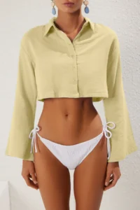 TRENDYOLMİLLA Yellow Weaving 100% Cotton Beach Crop Shirt - Image 3