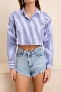 TRENDYOLMİLLA Striped Weaving Low-cut back Beach Crop Shirt - Image 3