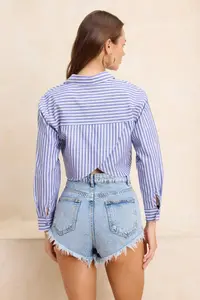 TRENDYOLMİLLA Striped Weaving Low-cut back Beach Crop Shirt - Image 4