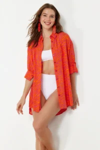 TRENDYOLMİLLA Abstract Patterned Weaving Maxi Beach Shirt