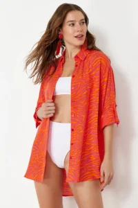 TRENDYOLMİLLA Abstract Patterned Weaving Maxi Beach Shirt - Image 3