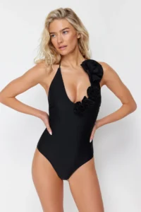 TRENDYOLMİLLA Black Applique Detailed Deep V-neck Covered Regular Swimsuit - Image 3