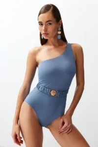 TRENDYOLMİLLA Mavi with accessories One Shoulder Covered Regular Swimsuit - Image 2