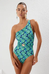 TRENDYOLMİLLA Floral Patterned with accessories One Shoulder Covered Regular Swimsuit - Image 2