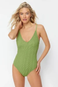 TRENDYOLMİLLA Green Low-cut back V-neck Covered Regular Swimsuit - Image 2